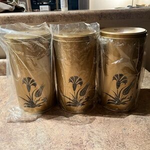 Metal Storage Set of 3 - Gold with Black Floral Details